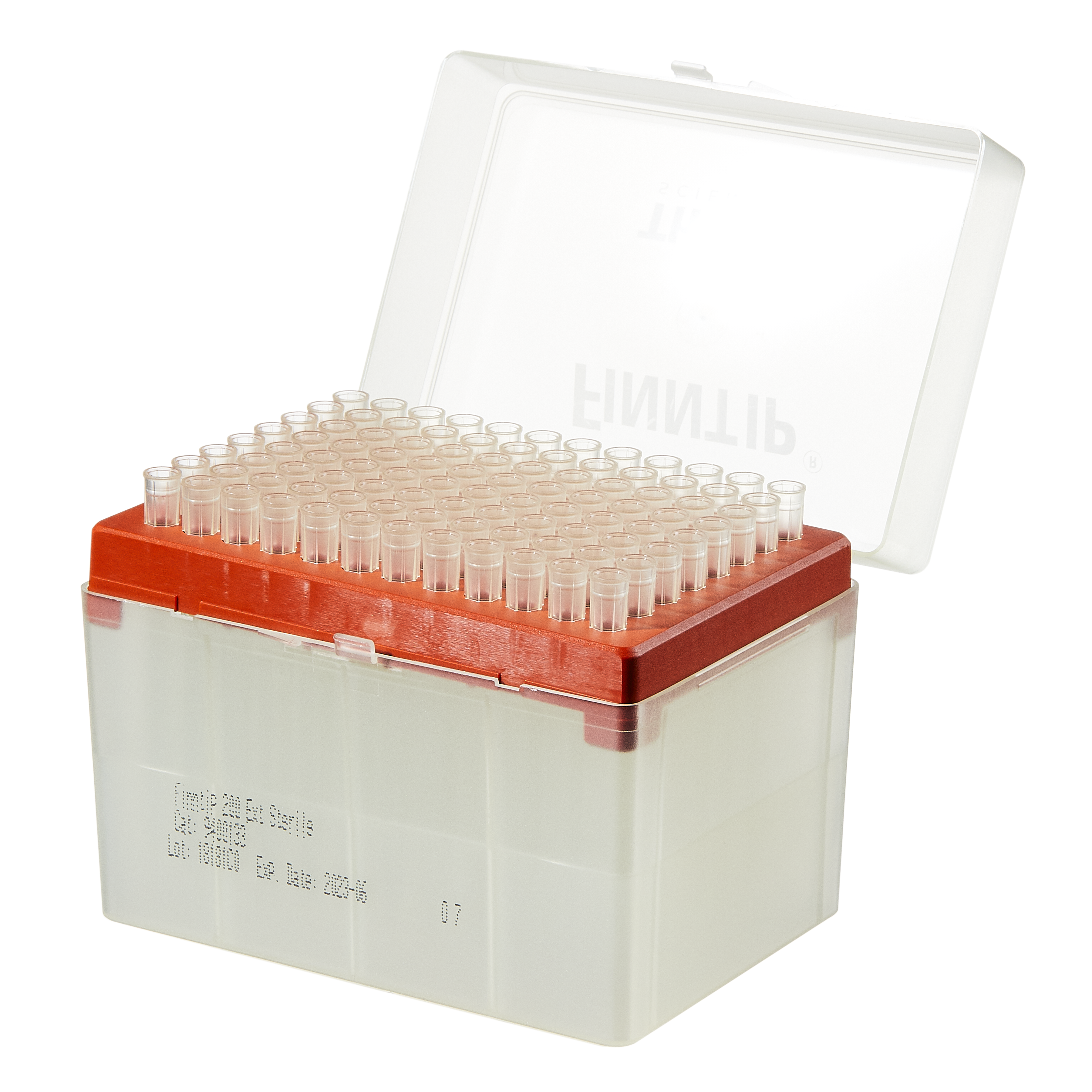 A Thermo Scientific Finntip 200 Ext Rack (5-200μL, yellow, sterile, extended length, 10x96, 960 tips) is open and holds multiple clear laboratory test tubes.