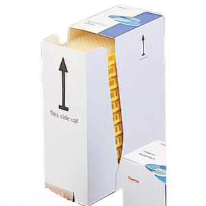A cardboard box labeled "This Side Up!" is partially open, revealing a yellow rack of Thermo Scientific Finntip 250 Universal Refill Kit, 0.5-250μL, 20 x 96 (1920 Tips) inside.