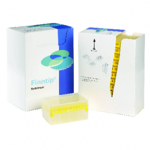 The Finntip 250 Universal Refill Kit, 0.5-250μL, Yellow, 20 x 96, 1920 Tips (Thermo Scientific) is shown with a white and blue box, open to reveal yellow pipette tips and a clear container also filled with yellow tips.