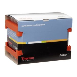 A box of Thermo Scientific Finntip 300 Refill Pack, 5-300μL, orange tips (10 x 192, 1920 tips), with branding and website visible on the packaging.