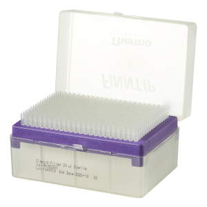 A clear plastic box with a hinged lid holds a purple tray of Thermo Scientific Finntip Filter Micro 20 Racks (0.2-20μL, sterile, filtered), 3840 tips total, each labeled with expiration and lot numbers.