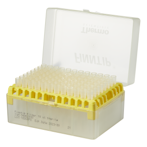 A rack of Thermo Scientific Finntip Filter 10 pipette tips, 0.5-10μL, yellow, filtered, sterile, 96 tips per rack, 10 racks (960 tips total), with lot and expiration date on the side.
