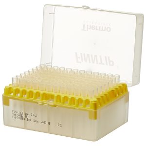 The Finntip Filter 20 Rack contains 960 sterile, filtered 0.5-20µL yellow tips (10 x 96) in a plastic box with expiry and lot labels, suitable for Thermo Scientific systems.