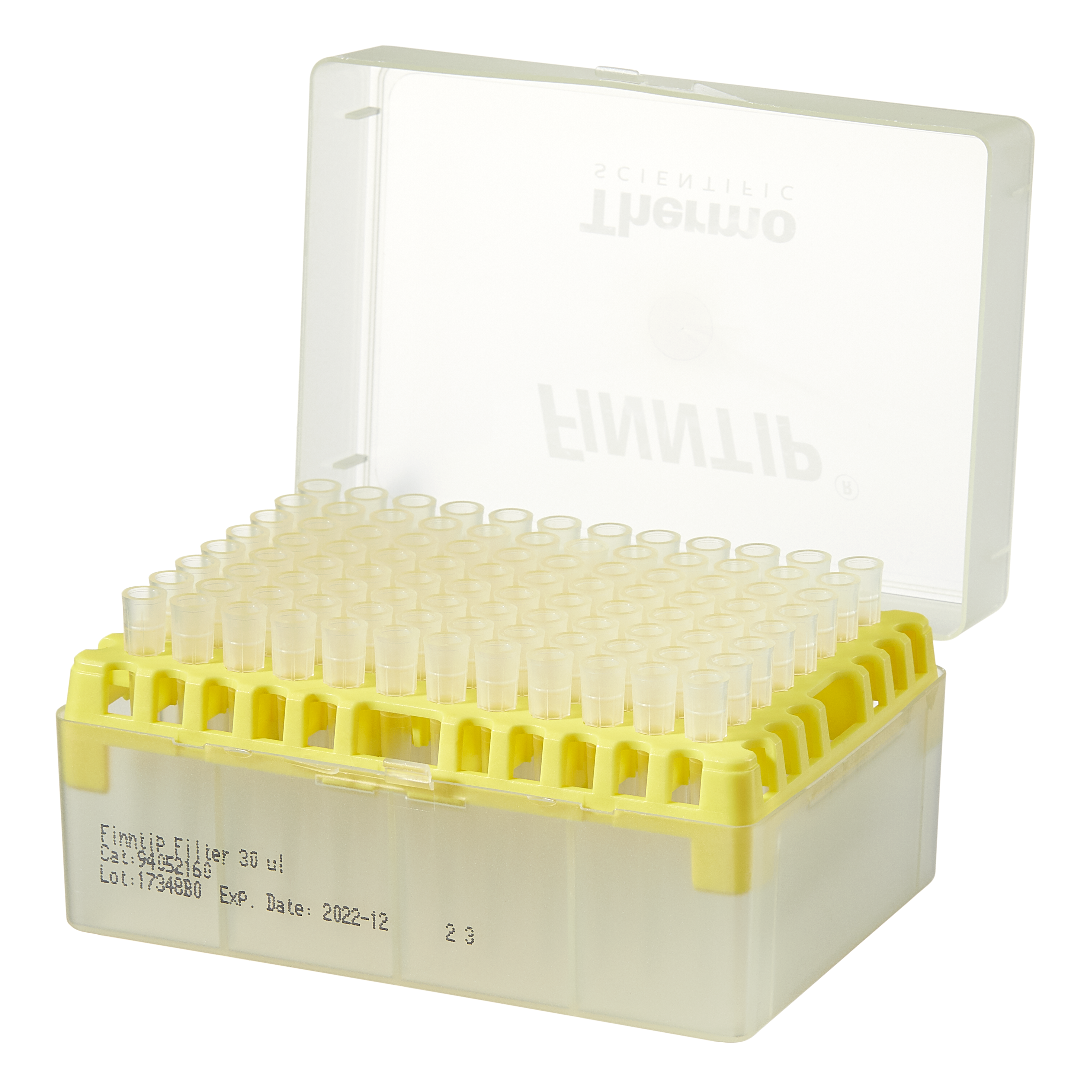 A partially open Thermo Scientific Finntip Filter 30 Rack (0.5-30μL, yellow, filtered, sterile; 10 x 96, 960 tips) displays a plastic box with labeled catalog number, lot number, and expiration date under a translucent lid.