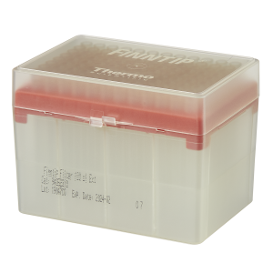 A clear plastic box labeled with product and expiration info, containing Thermo Scientific Finntip Filter 100 Ext Rack pipette tips, 5-100μL, extended length, filtered, sterile, yellow (10 x 96; 960 tips).