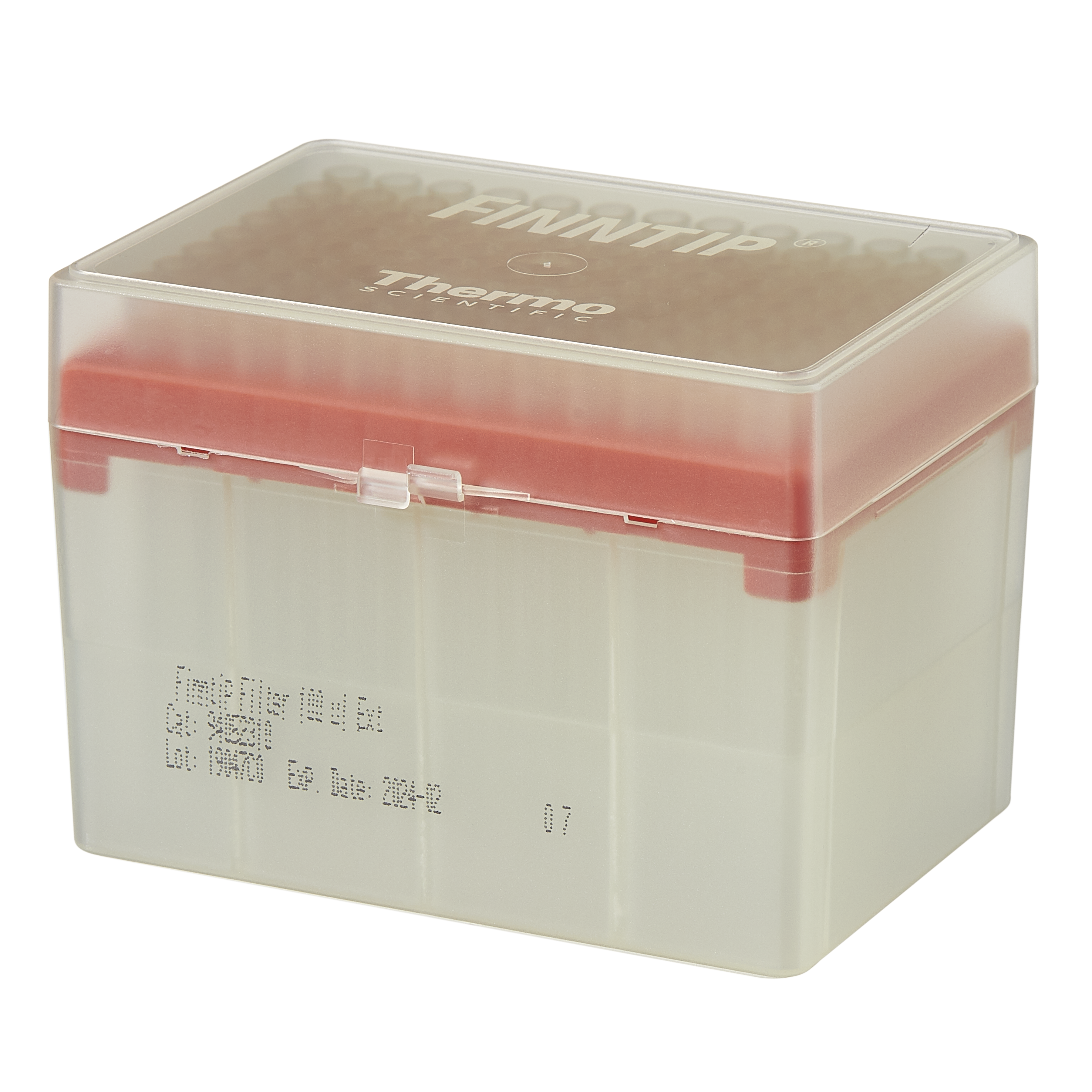 A clear plastic box labeled with product and expiration info, containing Thermo Scientific Finntip Filter 100 Ext Rack pipette tips, 5-100μL, extended length, filtered, sterile, yellow (10 x 96; 960 tips).