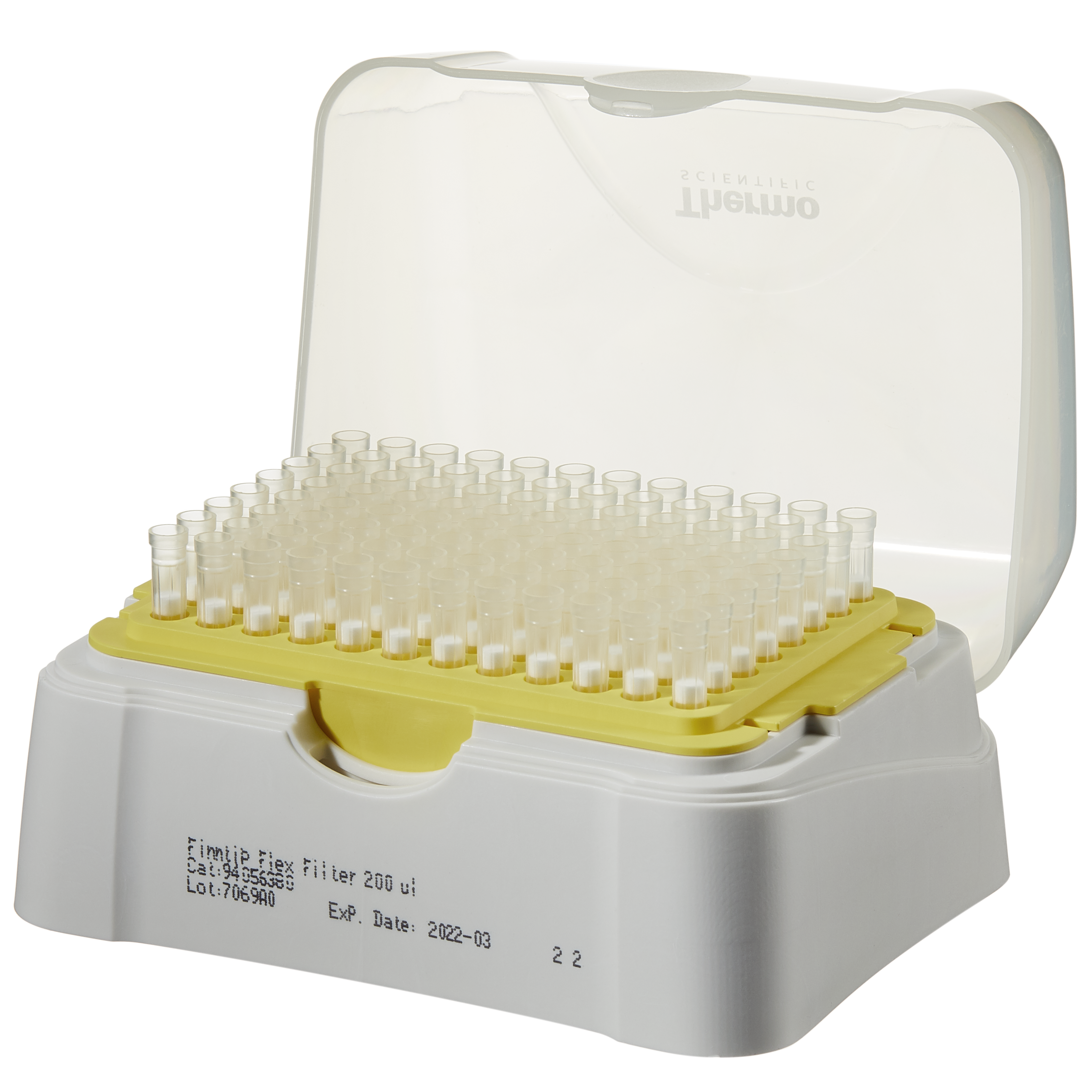 A box of Thermo Scientific Finntip Flex Filter 200 Rack pipette tips (1-200µL, yellow, filtered, sterile; 10 x 96, total 960 tips) in a yellow holder with an open transparent hinged lid—ideal for reliable laboratory work.