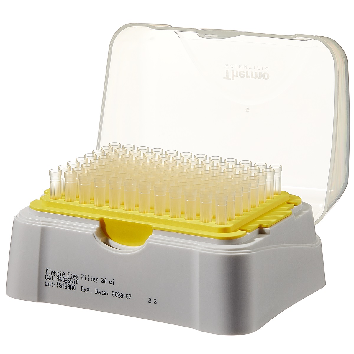 A rack of 96 sterile Finntip Flex Filter 30 pipette tips (5–30µL, yellow) by Thermo Scientific, in a white-based clear-lidded box, part of a 10 x 96 pack (960 tips total), labeled with product and expiry details.