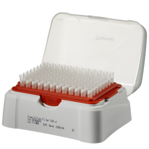 An orange tray holds Thermo Scientific Finntip Flex Filter 300 pipette tips (5-300μL, filtered, sterile), arranged in rows inside a white plastic box with a transparent lid; 10 racks of 96 tips (960 total).