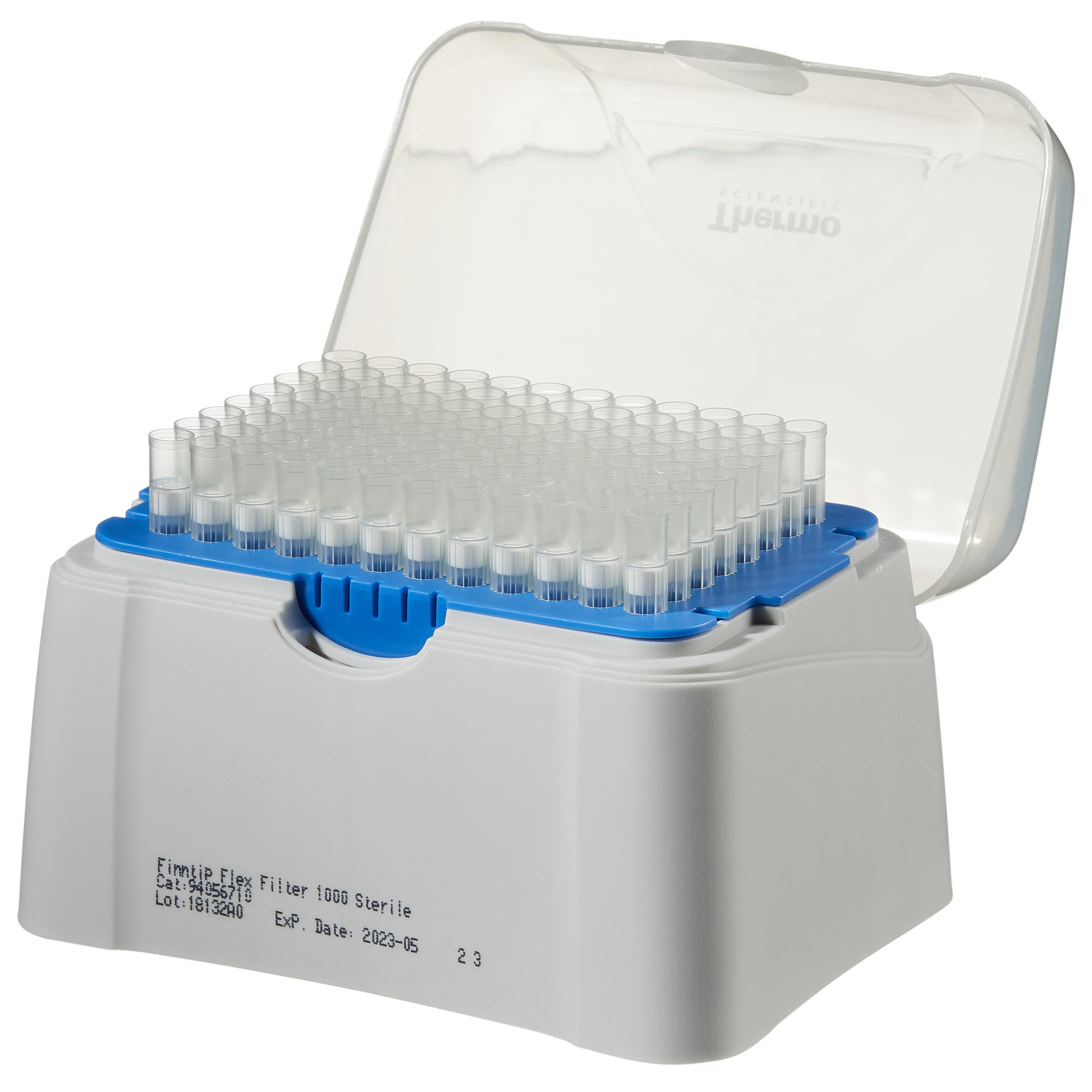 A plastic container with a transparent lid holds a rack of Thermo Scientific Finntip Flex Filter 1000 pipette tips (100-1000μL, blue, filtered, sterile; 10 x 96; 960 tips), labeled with lot and expiration details.
