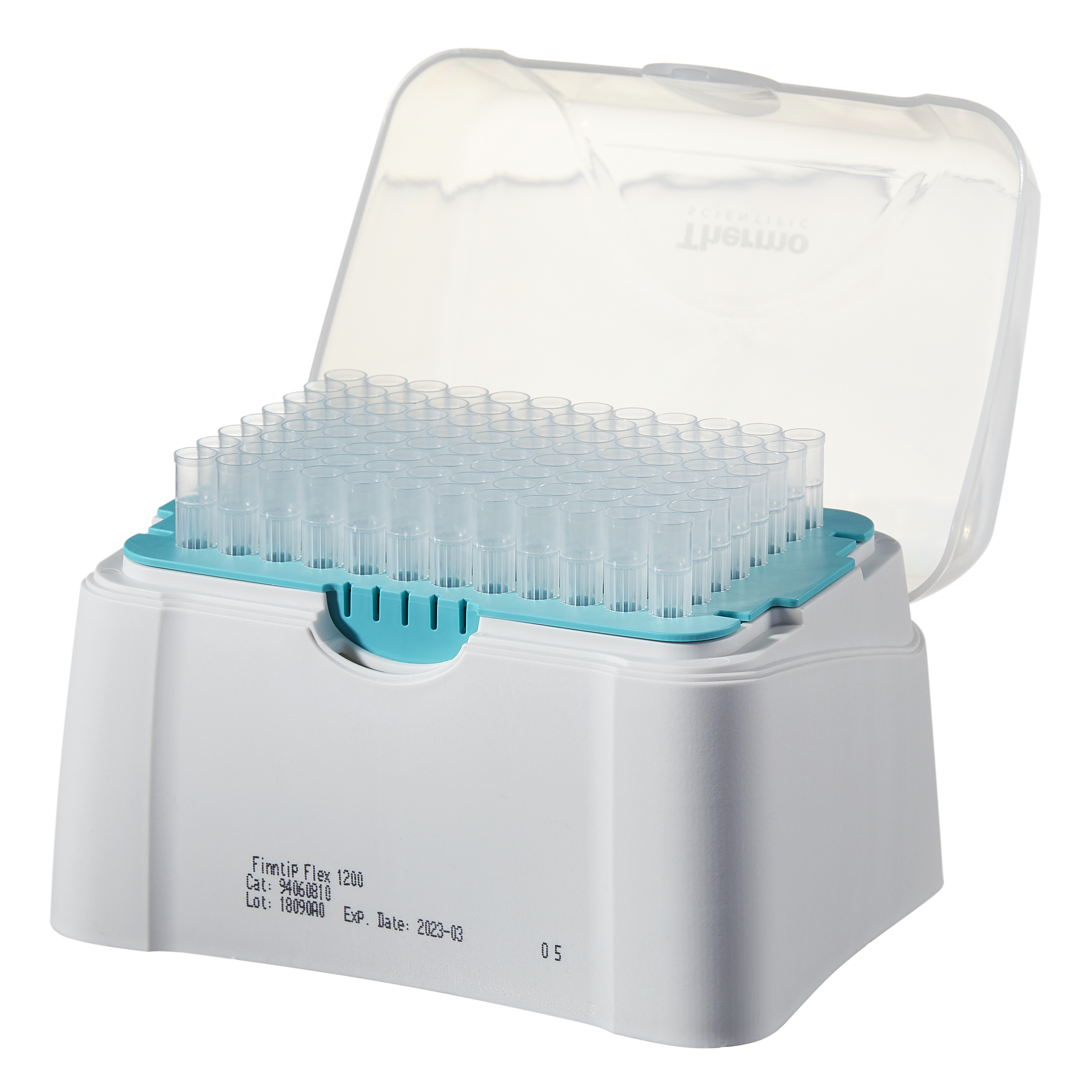 94056810-STD A turquoise plastic rack with a clear hinged lid, containing 960 Thermo Scientific Finntip Flex Filter 1200 sterile filtered pipette tips (50-1200μL), arranged in 10 x 96 rows.