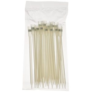 A clear plastic bag holds multiple sterile Thermo Scientific Finntip Flex Filter 10mL Ext pipette tips (red, extended length, 1-10mL), arranged vertically with tapered ends down. Case contains 50 tips.