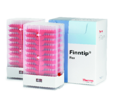 94060116 finntip flex refill Two pink plastic racks of pipette tips are shown beside a Thermo Scientific Finntip Flex 10 Refill Kit box (0.1-10μL, Pink, 20 x 96, 1920 Tips), labeled with the Thermo brand.