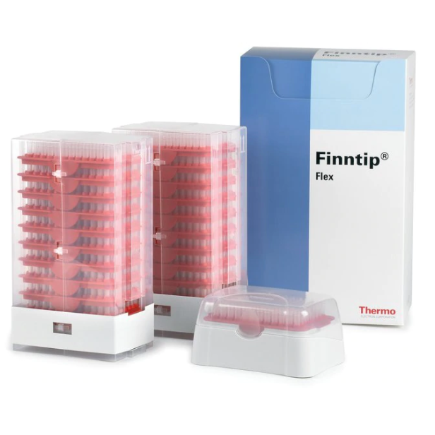 Two clear racks with pink Finntip Flex 300 tips, a small white tip holder, and a blue-and-white box of the Finntip Flex 300 Refill Starter Kit, 5–300μL, Orange, 21 x 96 (2016 tips) by Thermo Scientific.