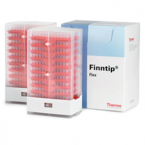 Two orange racks of Thermo Scientific Finntip Flex 300 Refill pipette tips (5-300μL, 20 x 96, 1920 tips) are shown in clear holders next to the product box.