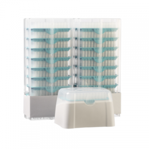 The Finntip Flex 1200 Refill Starter Kit includes 1632 turquoise tips (50-1200μL) in two vertical stacks with a white dispenser, ideal for organized storage and compatibility with Thermo Scientific systems.