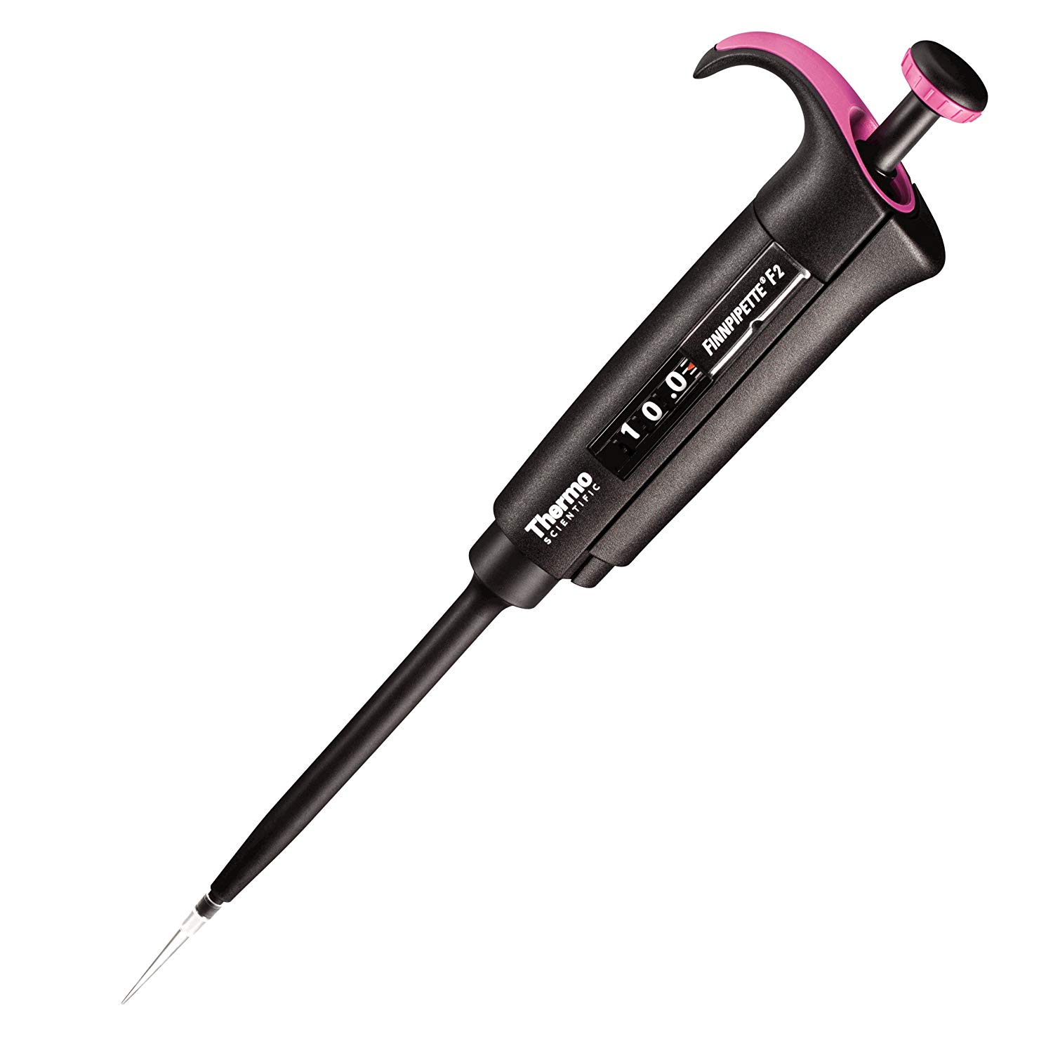 Alt 4642010-30 A black and pink Thermo Scientific Finnpipette F2 single channel pipette with a digital volume display, variable volume range of 0.2-2μL for precise liquid measurement and transfer.
