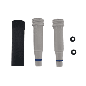 Set of two gray Transferpette Electronic & TFP-S multichannel 50μL nose cones (older version) for BrandTech, arranged with a black cap and two small O-rings—compatible with Transferpette Electronic pipettes.