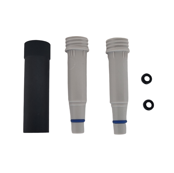 BT_705614 Set of two gray Transferpette Electronic & TFP-S multichannel 50μL nose cones (older version) for BrandTech, arranged with a black cap and two small O-rings—compatible with Transferpette Electronic pipettes.