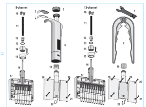 Exploded diagram displays numbered components of Finnpipette Digital / Finnpipette II multichannel O-ring (Thermo Scientific), covering all volumes and showing handles, springs, clips, channels, and assembly tools for identification.