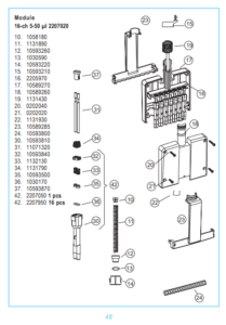 Exploded diagram of a 16-channel 5-50 µl module detailing numbered mechanical parts, including the Finnpipette Digital / Finnpipette II O-ring for multichannel, all volumes (Thermo Scientific), with item numbers and quantities on the left.