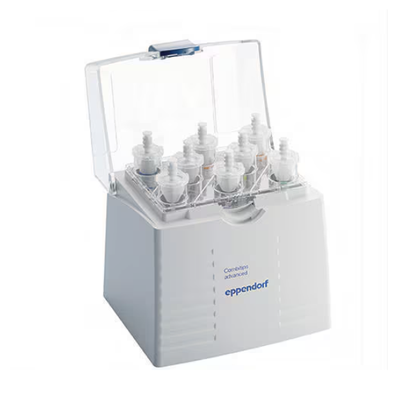 The Eppendorf Combitips Advanced Box 2.0 features a transparent lid and multiple slots for securely organizing and storing Eppendorf Combitips or Combitips Advanced tubes in the lab.