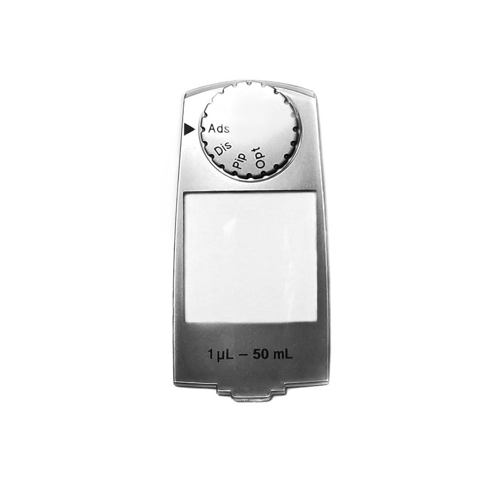 The Repeater E3 / Multipette E3 Housing Lid (Eppendorf) includes monitoring glass and a selection dial for easy operation, supporting precise dispensing from 1 µL to 50 mL with settings for Ads, Dis, Pip, and Opt.