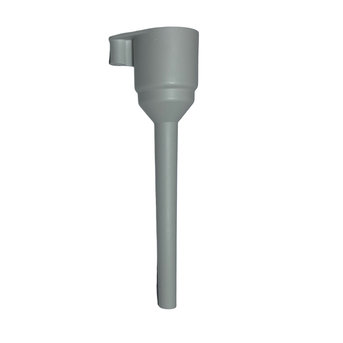 A gray plastic Eppendorf Research Pro ejection sleeve with a long handle, 100μL capacity, and small side spout.