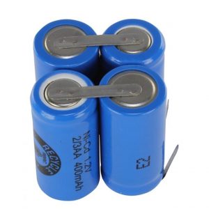 The Repeater Pro Battery Pack (Pipette Supplies) features four blue cylindrical rechargeable batteries in series with metal strips, ideal as a replacement or spare for Pipette Supplies Repeater Pro devices.