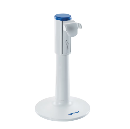 The Charger Stand 2 with Xplorer / Xplorer Plus Charging Shell (Eppendorf) is a white, round-based stand with a blue top for holding one pipette vertically and is compatible with the Xplorer Plus Charging Shell for easy charging and storage.