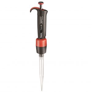 A Thermo Scientific Finnpipette F2 Single Channel Variable Volume Pipette (1-10mL) with a black and red handle and clear plastic tip, shown against a white background.