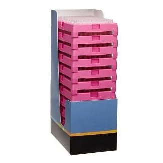 FINNTIP 10 REFILL KIT - 9400327 A cardboard dispenser stores a vertical stack of Thermo Scientific Finntip 10 Refill Kit racks, each containing pink 0.2-10μL pipette tips—20 racks x 192, totaling 3840 tips—commonly used in laboratories.