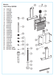 Exploded diagram of the Finnpipette Digital Tip Ejector, 16 Channel (Thermo Scientific), showing internal components and assembly with numbered parts (1–37) and two boxed item sets.