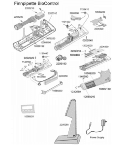 Exploded view of Finnpipette BioControl Bushing Assembly / Transmission Mechanism (Thermo Scientific) with labeled parts and codes, plus illustrations of the power supply and charging stand.