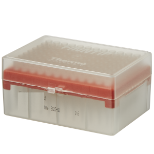 The Finntip 300 Rack by Thermo Scientific holds 960 orange pipette tips (5–300μL, 10 x 96) in a translucent plastic box with labeled rack, ideal for lab sample handling.