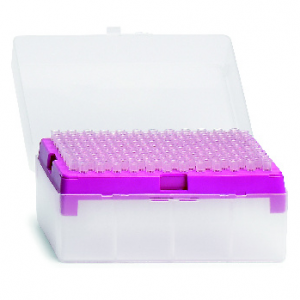 A pink Thermo Scientific Finntip 10 Rack box (0.2-10μL) with the lid open, containing multiple small clear pipette tips; includes 10 racks of 96 each, for a total of 960 tips.