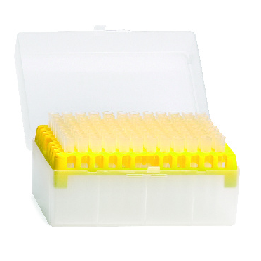 A yellow Finntip 250 Universal Rack (0.5-250μL, 10 x 96, 960 Tips) by Thermo Scientific holds clear pipette tips and is shown open.