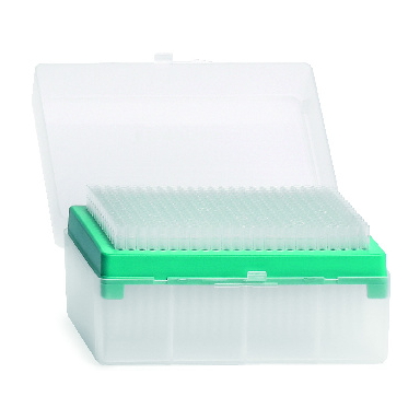 A turquoise Finntip 50 Rack (0.2-50μL, 10 x 384, 3840 Tips) by Thermo Scientific is shown open, displaying neatly arranged pipette tips in rows.