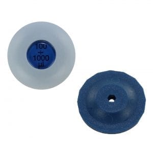 Two round VWR EHP Signature Push Button, 1000μL (Labnet) laboratory pipette tip filter inserts are shown from top and bottom views—ideal for precise pipetting.