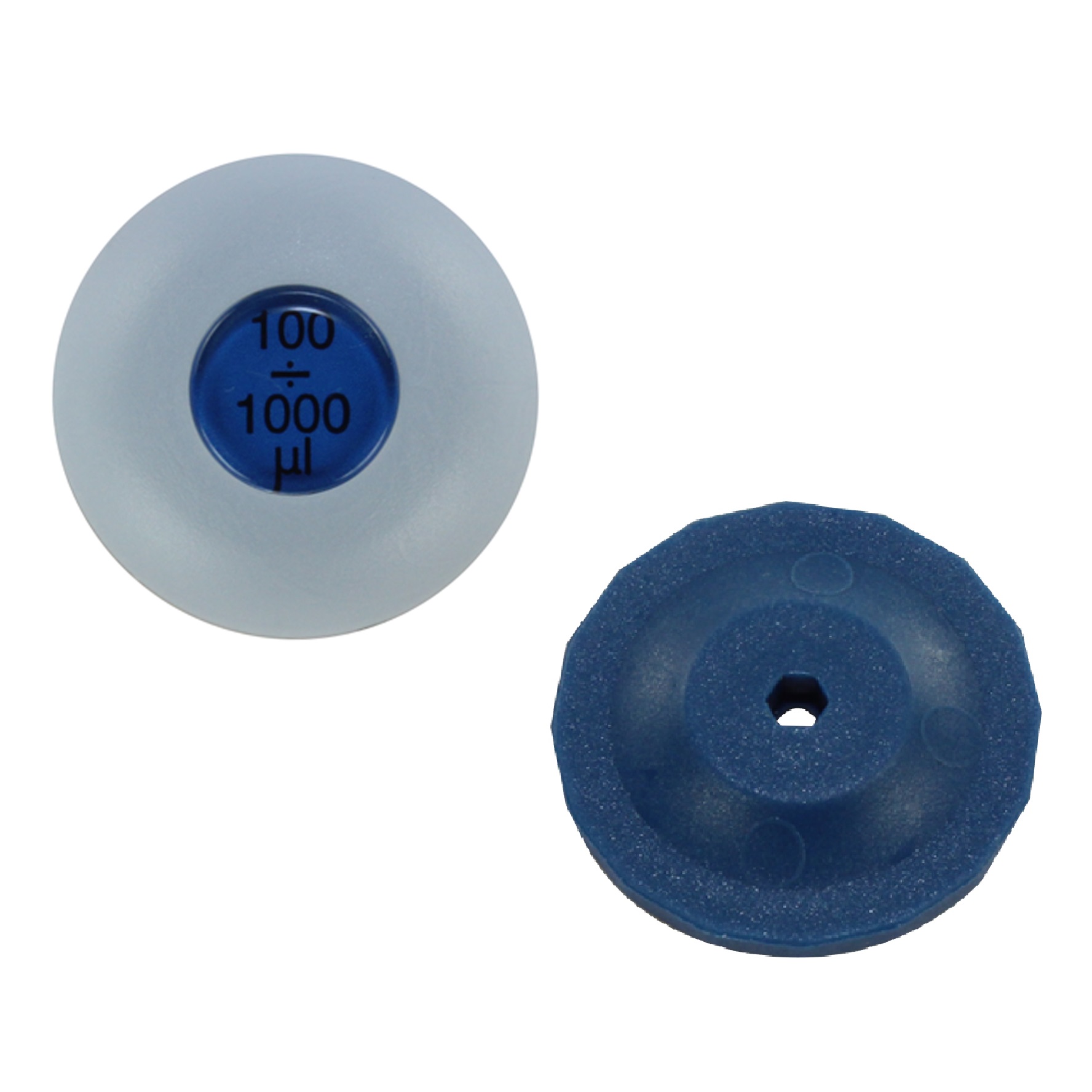 Two round VWR EHP Signature Push Button, 1000μL (Labnet) laboratory pipette tip filter inserts are shown from top and bottom views—ideal for precise pipetting.
