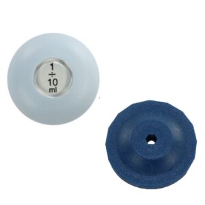 Two circular plastic objects: a white VWR EHP Signature Push Button Assembly, 10mL (Labnet), with a clear window, and a dark blue piece with a central hole.