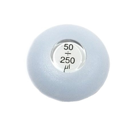 A close-up of the VWR EHP Signature Push Button Upper Part, 250μL (Labnet), highlights the gray pipette’s volume indicator and the push button at the top.