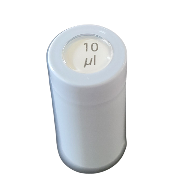 A VWR EHP Signature Push Button, Fixed Volume, 10μL (Labnet) is a small white cylindrical container with a transparent top marked 10μL, like a fixed-volume pipette.