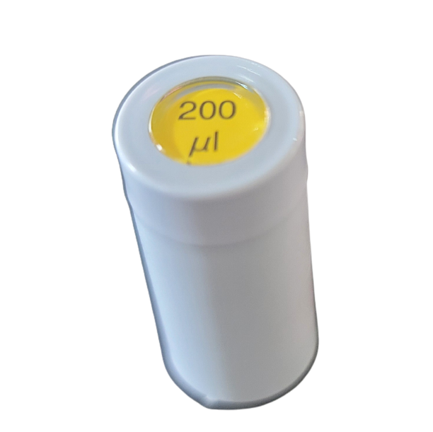 A close-up of a VWR EHP Signature Push Button Fixed Volume Pipette (Labnet), white cylindrical shape, featuring a yellow label on top indicating 200μL.