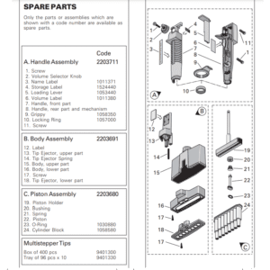 Exploded view diagram of the Finnpipette Multistepper Cylinder/Piston Assembly (Thermo Scientific), featuring labeled handle, body, and cylinder components with part names and codes.