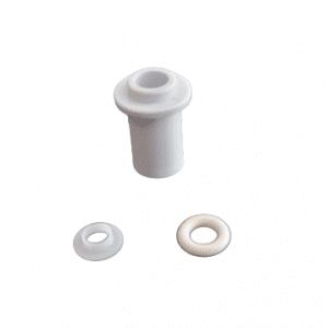 The Nichipet EX Plus / EX Plus II Teflon Seal and KPF Par-Fluo O-ring Set (200μL, Nichiryo) includes a white cylindrical plastic insert with a flange, two separate white plastic washers, and a Teflon Seal shown on a plain background.