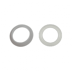 Two white plastic circular rings, resembling a Nichipet EX Plus / EX Plus II Teflon Seal / KPF Par-Fluo O-ring Set 1000μL (Nichiryo), are displayed side by side on a plain white background.