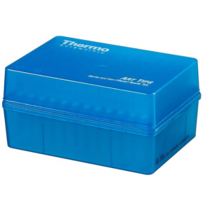 Red Thermo Scientific SoftFit-L storage rack with lift-off lid, labeled for 20μL sterile Rainin LTS tips, holds 4800 tips securely.