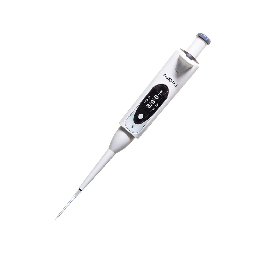 SA 725010 The Sartorius mLINE Mechanical Pipette, Single Channel, 0.1-3μL, features a display for volume settings and enables precise liquid measurement and transfer in laboratories.