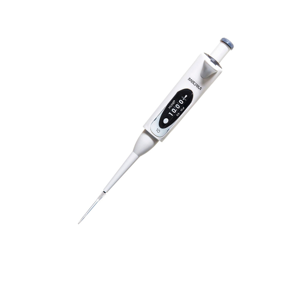 SA 725020 A Sartorius mLINE Mechanical Pipette, Single Channel, 0.5-10μL, features a digital display and adjustable volume with a white finish